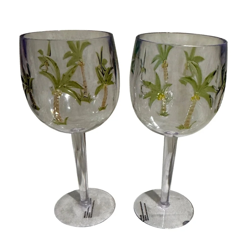 Palm Tree Plastic Wine Glasses Set of 2 Tropical Stemware